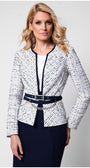 Model wearing white tweed blazer with navy piping and slim belt front view