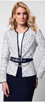 Model wearing white tweed blazer with navy piping and slim belt front view