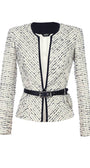 Flat lay of white tweed blazer showing contrast trim and waist belt