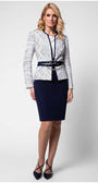 Full look with white tweed blazer paired with navy skirt front view
