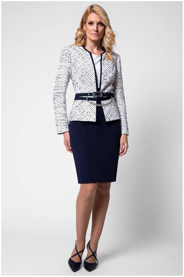 Full look with white tweed blazer paired with navy skirt front view
