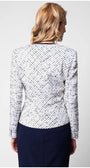Back view of white tweed blazer highlighting tailored seams