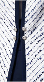 Close up of navy trim and crystal front buttons on white tweed blazer