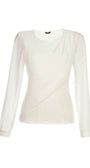 Flat lay of white viscose blouse showing draped shoulder