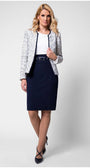 Full look with white viscose blouse and matching tweed set