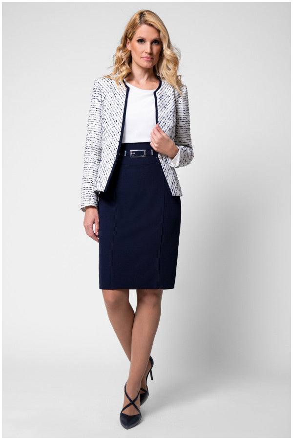 Full look with white viscose blouse and matching tweed set