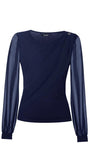 Flat lay of navy viscose blouse showing draped shoulder