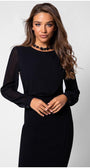 Front view of model in black viscose blouse with sheer sleeves