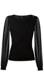 Flat lay of black viscose blouse showing draped shoulder