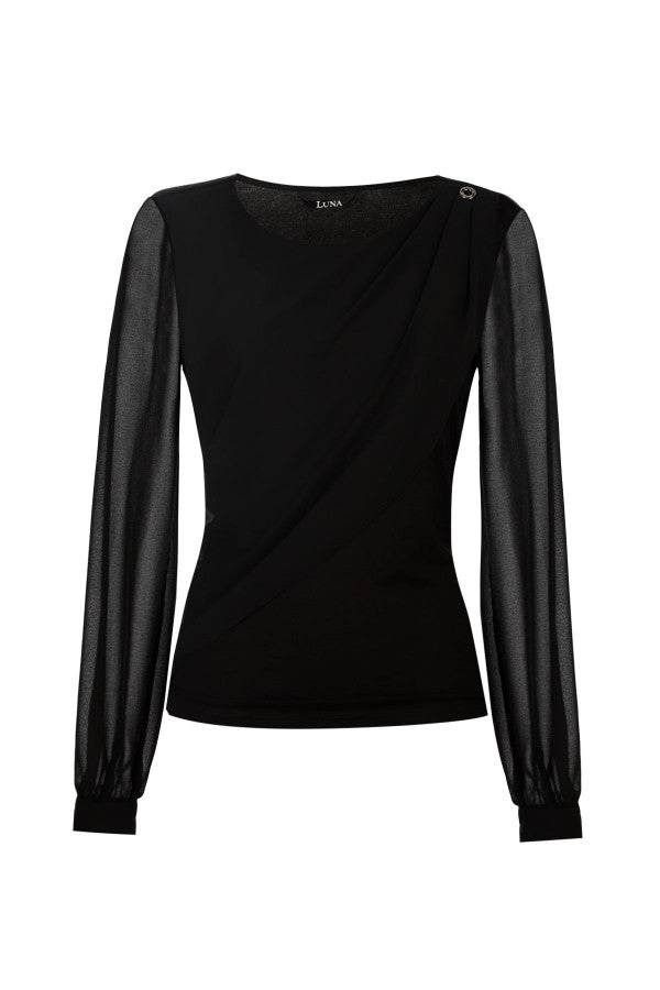 Flat lay of black viscose blouse showing draped shoulder