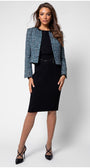 Black viscose blouse styled with a pencil skirt