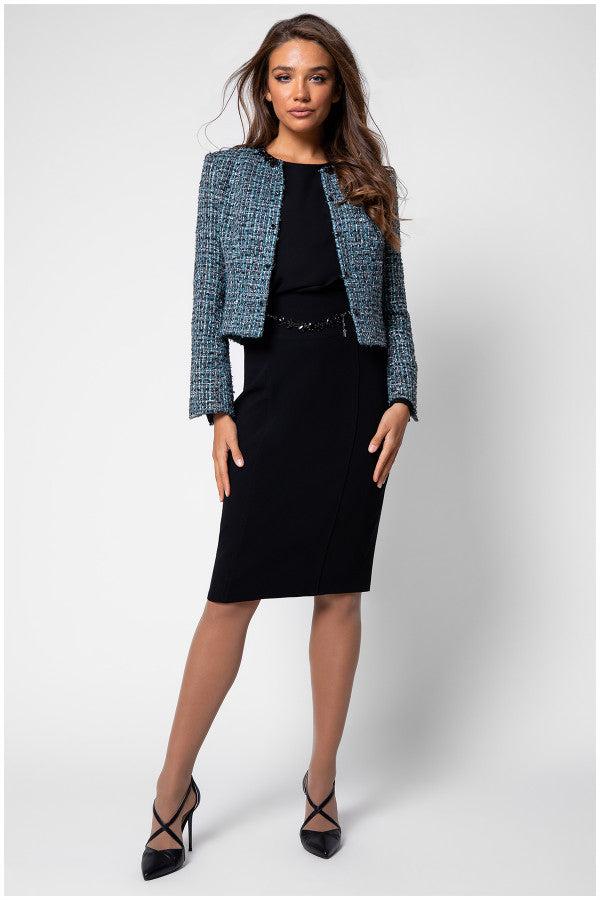 Black viscose blouse styled with a pencil skirt