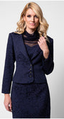 Model front three quarter in navy floral jacquard Peni blazer with matching pencil skirt
