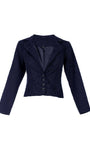 Flat lay of Peni navy floral jacquard blazer showing pointed lapels and covered buttons
