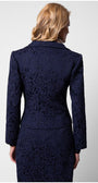Back view of model in Peni navy floral jacquard blazer highlighting sculpted seams