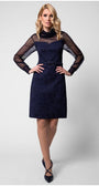 Model front view in navy floral jacquard dress with sheer long sleeves