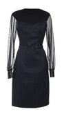 Flat lay of Peni navy floral jacquard dress showing belt and rose texture