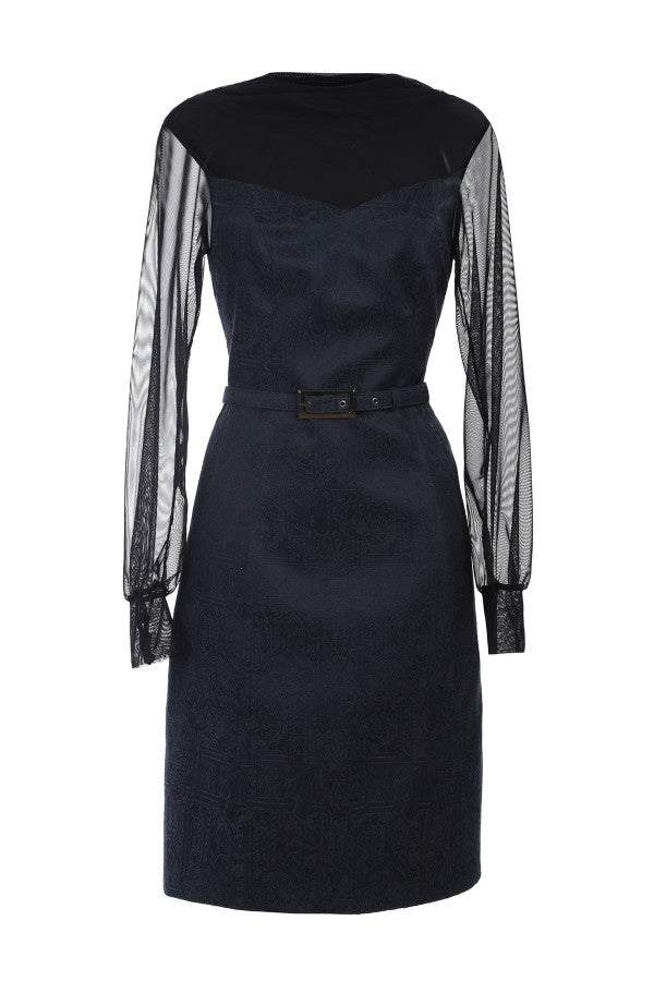 Flat lay of Peni navy floral jacquard dress showing belt and rose texture