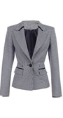 Tailored blazer Elena with classic houndstooth pattern, black collar accents, single-button closure, and structured shoulders.