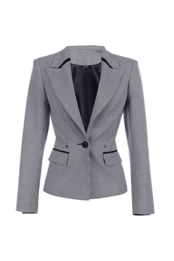 Tailored blazer Elena with classic houndstooth pattern, black collar accents, single-button closure, and structured shoulders.