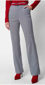 Elena Houndstooth Tailored Trousers styled with red belt and boots, showcasing elegance and modern design by Luna Fashion House