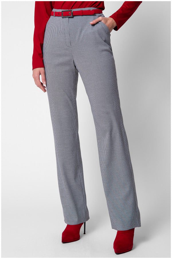 Women’s straight Houndstooth Suit Pants-cut Elena pants in houndstooth pattern, mid-to-high waist, paired with red belt and heels.