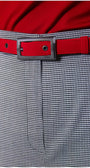 Close-up of Elena Houndstooth Tailored Trousers with red belt and matching red top detail from Luna Fashion House.