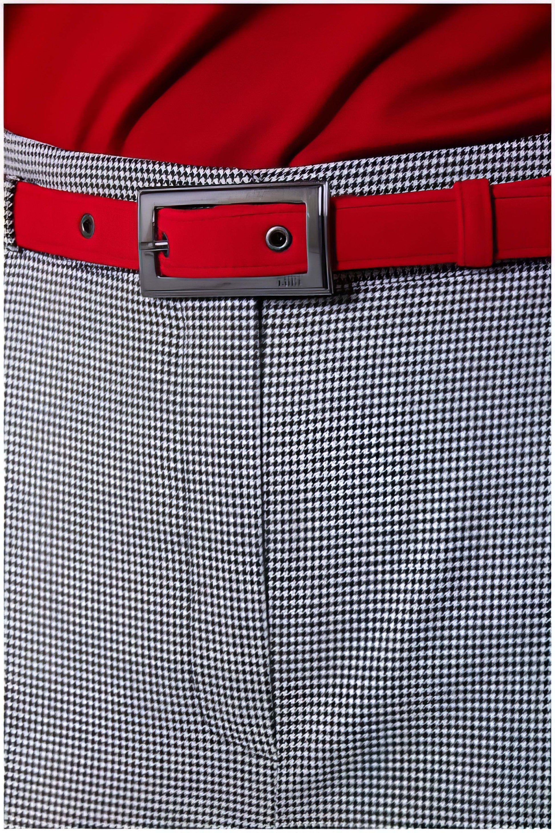 Close-up of Elena Houndstooth Tailored Trousers with red belt and matching red top detail from Luna Fashion House.