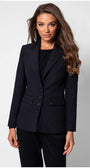 Model in black textured blazer and black trousers front view
