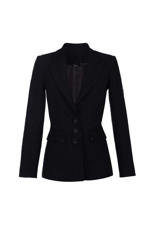 Flat lay of Matea black textured blazer showing buttons and flap pockets