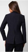 Full length look with black textured blazer styled for office to evening