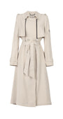 Kim Classic Long Coat in Beige with belted waist and button details, crafted from premium microfiber polyester fabric