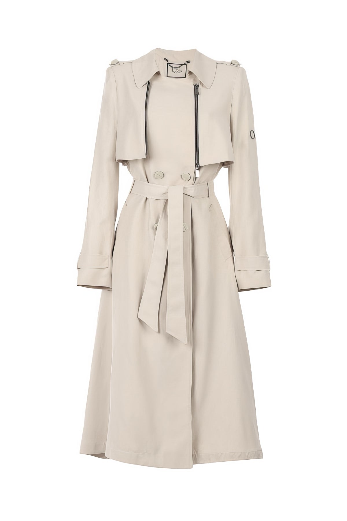 Kim Classic Long Coat in Beige with belted waist and button details, crafted from premium microfiber polyester fabric