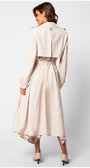 Woman wearing Kim Classic Long Coat in Beige with belted waist and subtle sheen, shown from back on white background