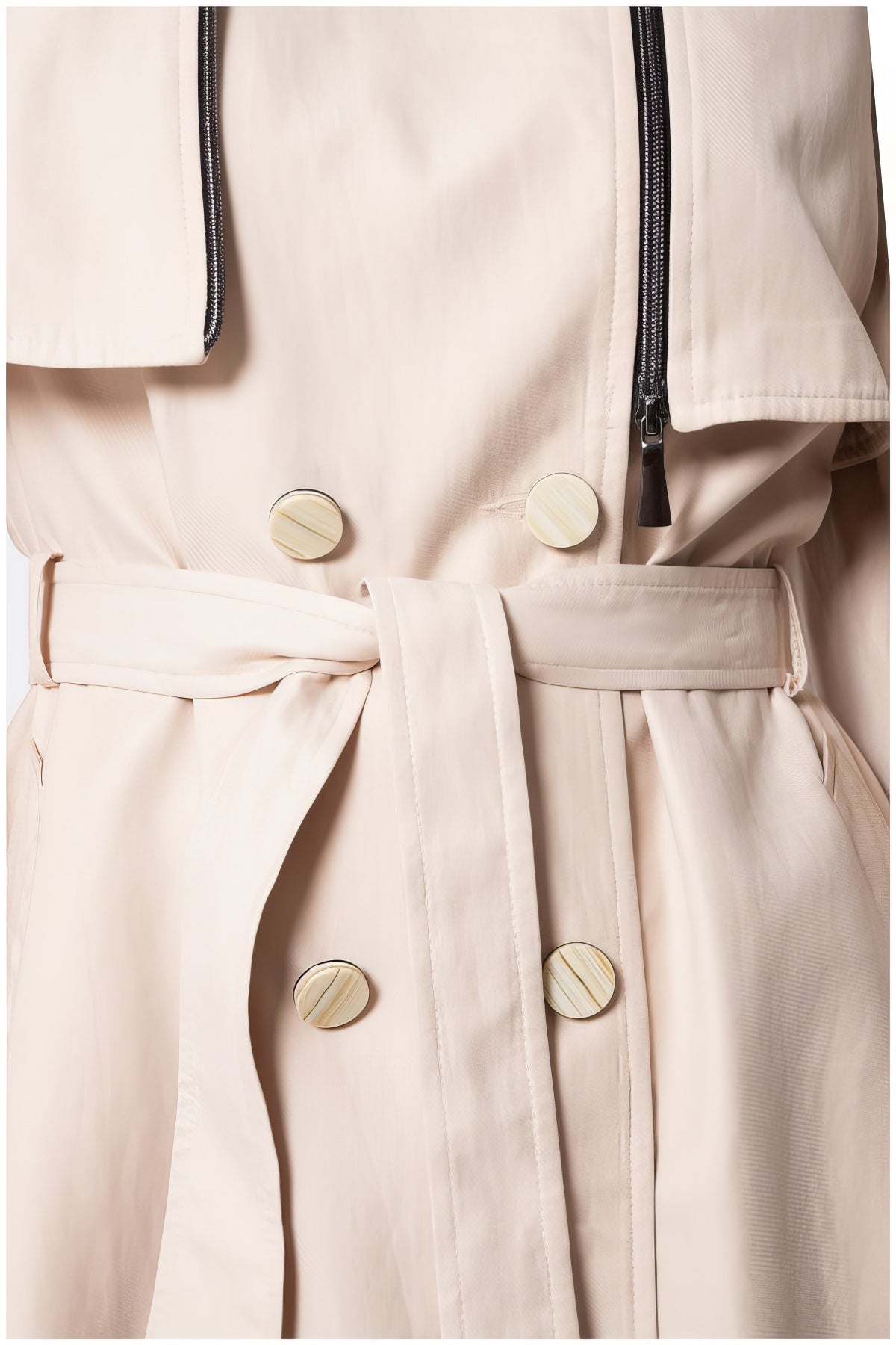 Kim Classic Long Coat in Beige with double-breasted buttons and a tied waist belt in soft microfiber polyester fabric