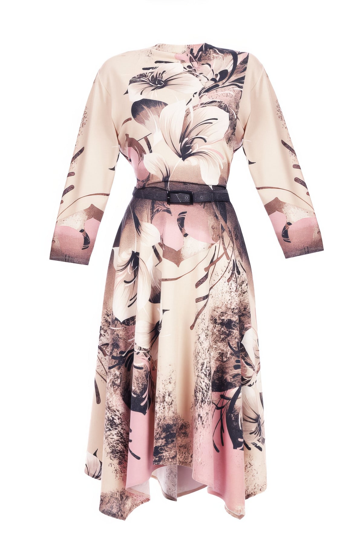 Iris A-line Midi Dress in Blush Floral featuring a flowing silhouette and soft, elegant floral patterns with a matching belt detail