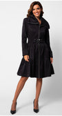 Woman wearing Iris Short Tailored Coat in Deep Black with flared skirt and belted waist against white background