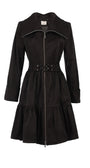 Iris Short Tailored Coat in Deep Black with belt detail and flared hem, made from soft cotton blend fabric