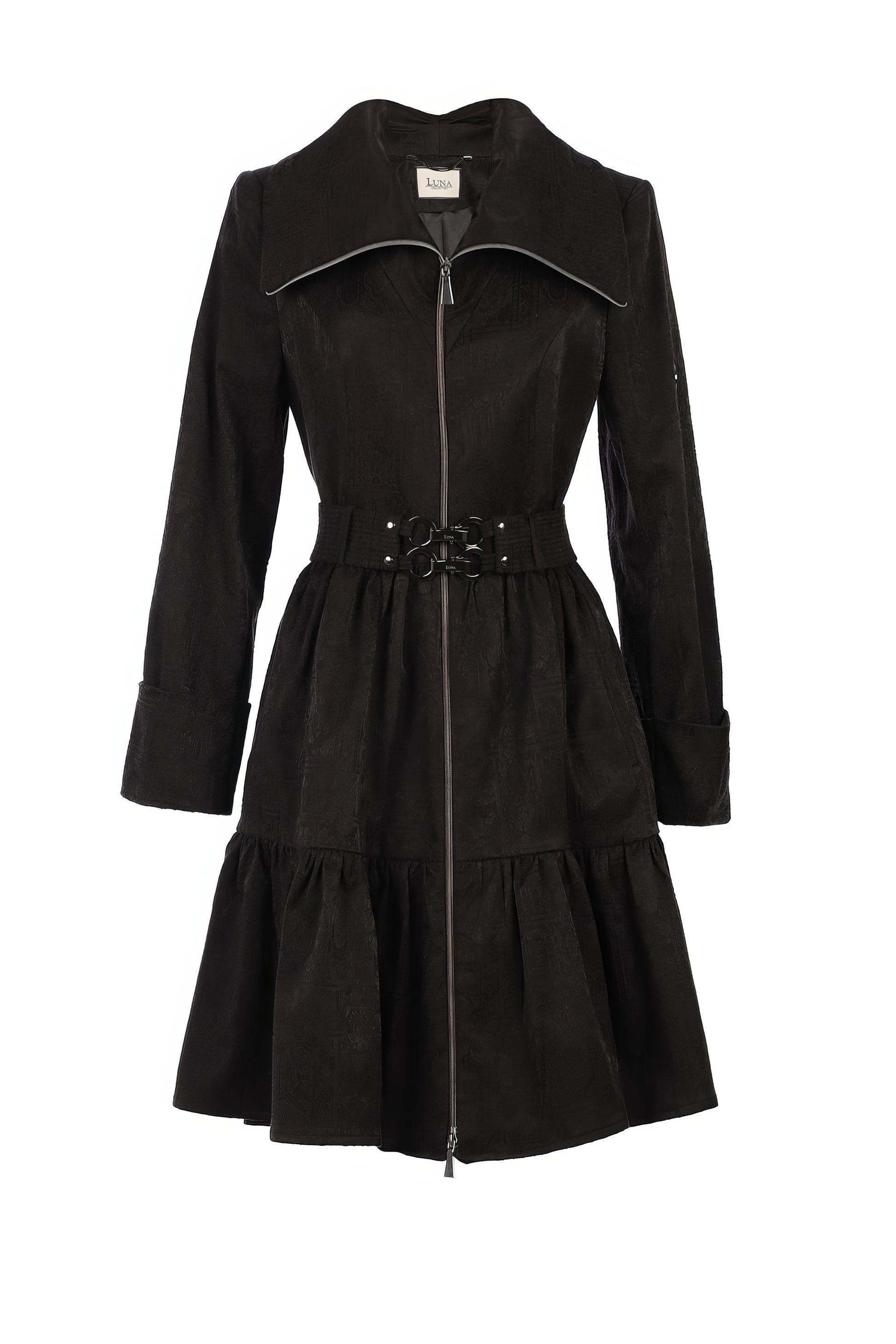 Iris Short Tailored Coat in Deep Black with belt detail and flared hem, made from soft cotton blend fabric
