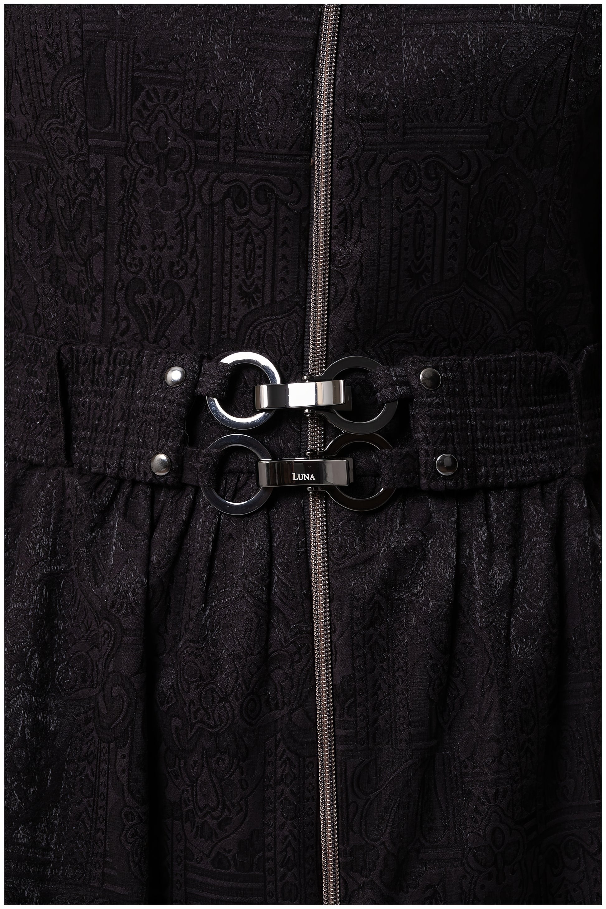 Close-up of zipper and belt detail on the Iris Short Tailored Coat in Deep Black showcasing textured fabric and metal hardware.