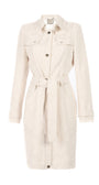 Rea Jacquard Trench Coat in Beige with belted waist and subtle jacquard texture for elegant timeless style.