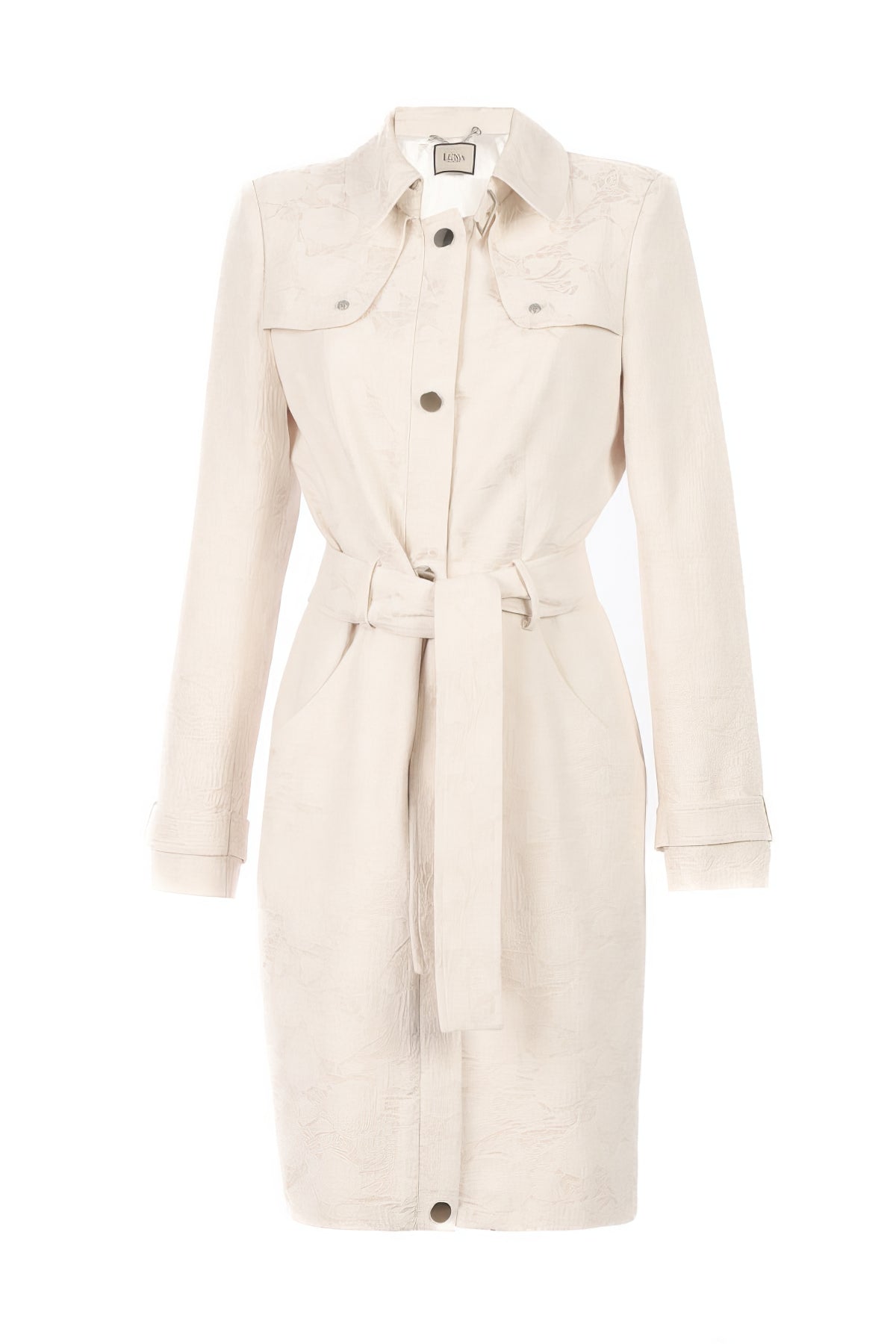 Rea Jacquard Trench Coat in Beige with belted waist and subtle jacquard texture for elegant timeless style.