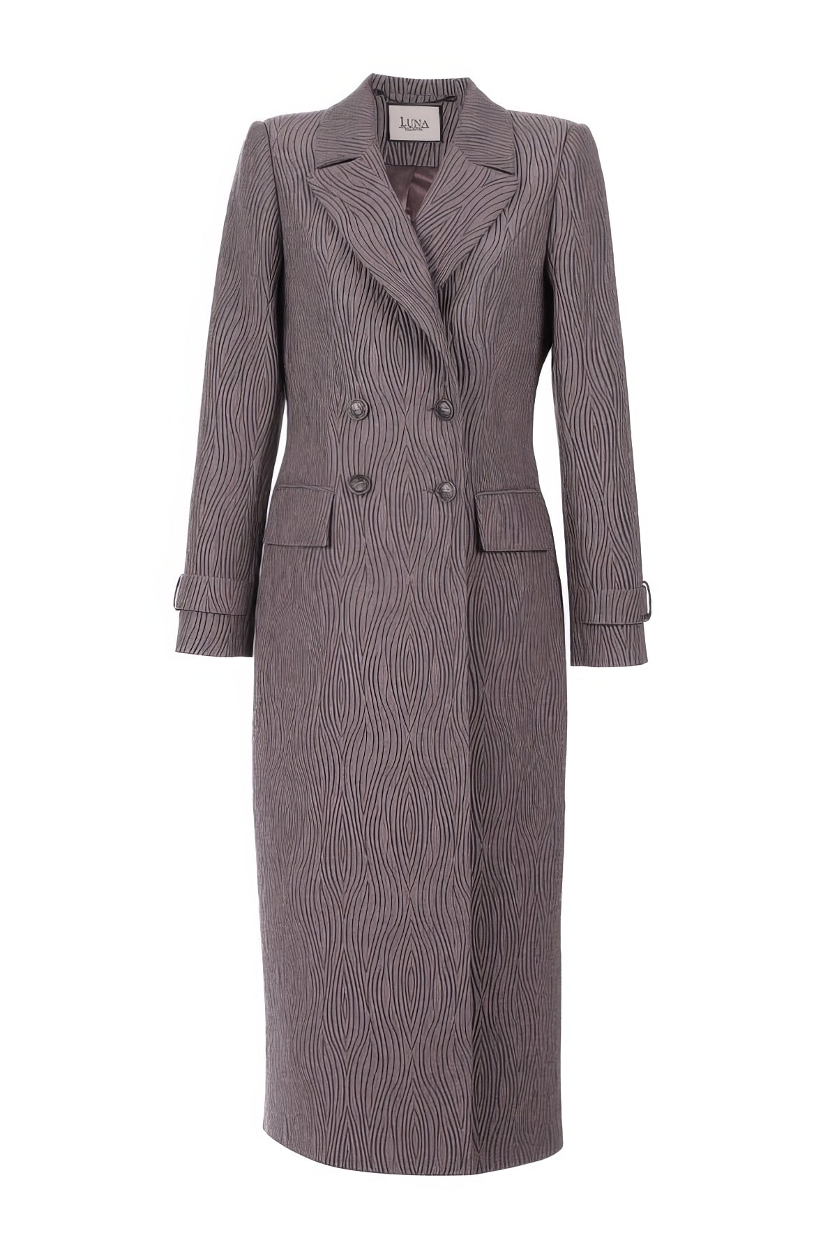Isidora Long Textured Coat in Mocha with tailored fit and wave pattern, offering refined strength and modern femininity.
