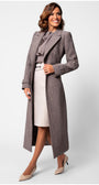 Woman wearing Isidora Long Textured Coat in Mocha with tailored fit and wave-like texture standing confidently