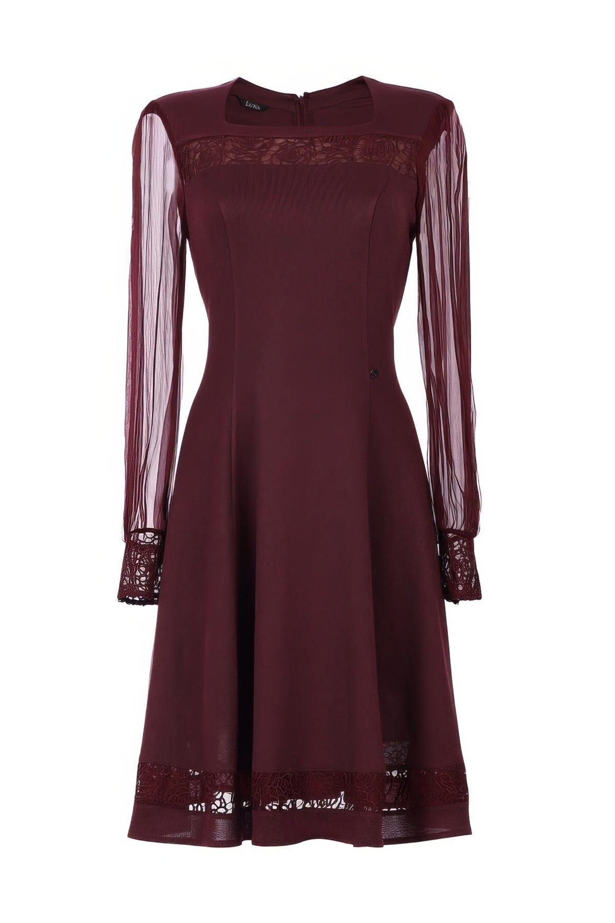 Jody Lace A-Line Dress in Bordeaux with sheer long sleeves and lace details on cuffs and hem in a rich deep red tone.