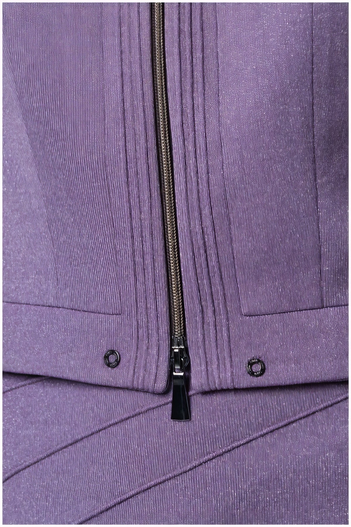 Close-up of the zipper detail on the Neda Cropped Zip Blazer in Lilac highlighting its textured fabric and design.
