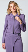 Woman wearing a tailored Neda Cropped Zip Blazer in Lilac with a hip-length silhouette and zip closure