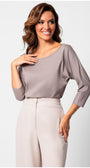 Woman wearing Eva Classic Top in Taupe Grey with three-quarter sleeves and soft, smooth fabric against white background