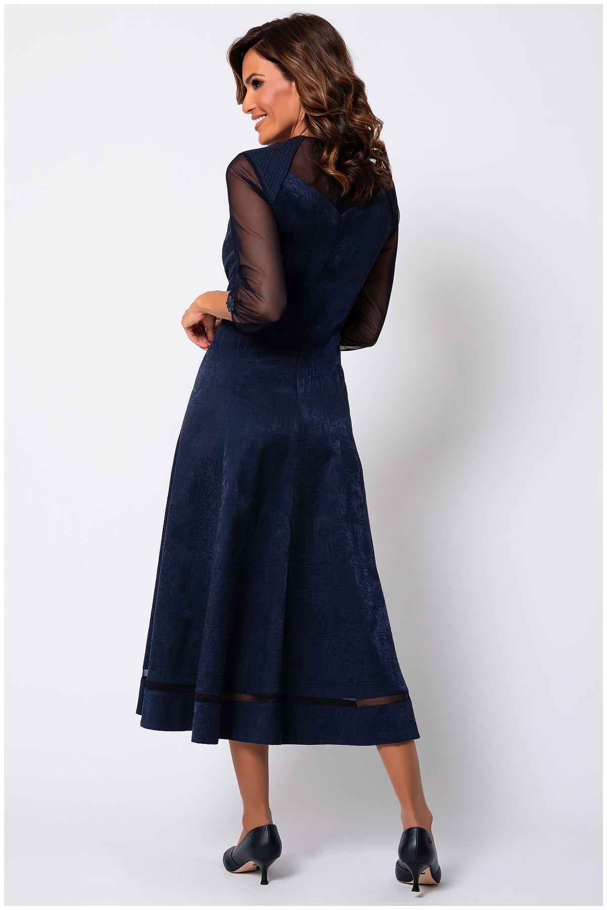 Navy Jacquard Midi Dress, Lucy. Jacquard midi dress. Sheer sleeves.