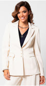 Woman wearing Agatha Pearl Detail Blazer in Ivory featuring tailored fit and pearl button accents with matching trousers